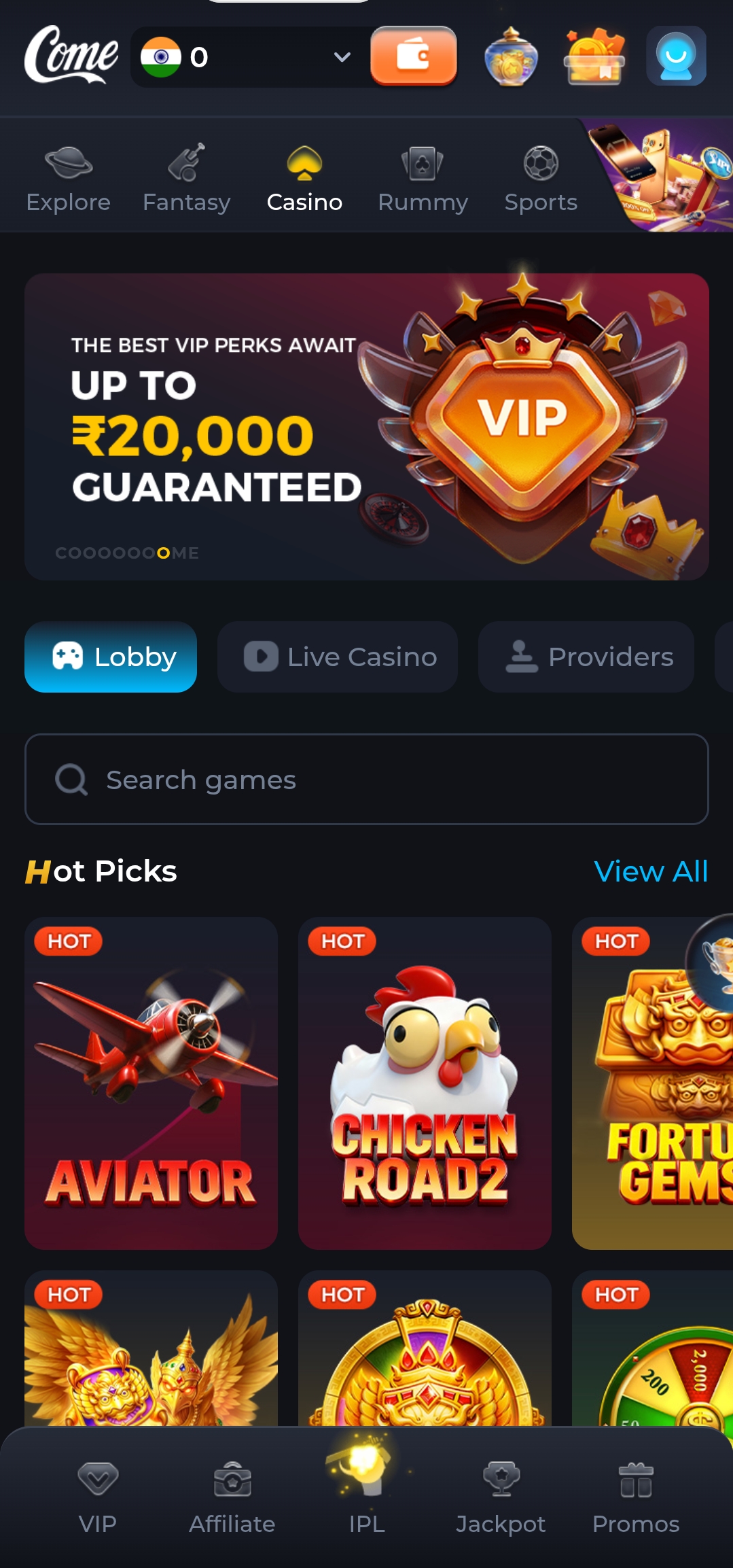 Come Game home screen